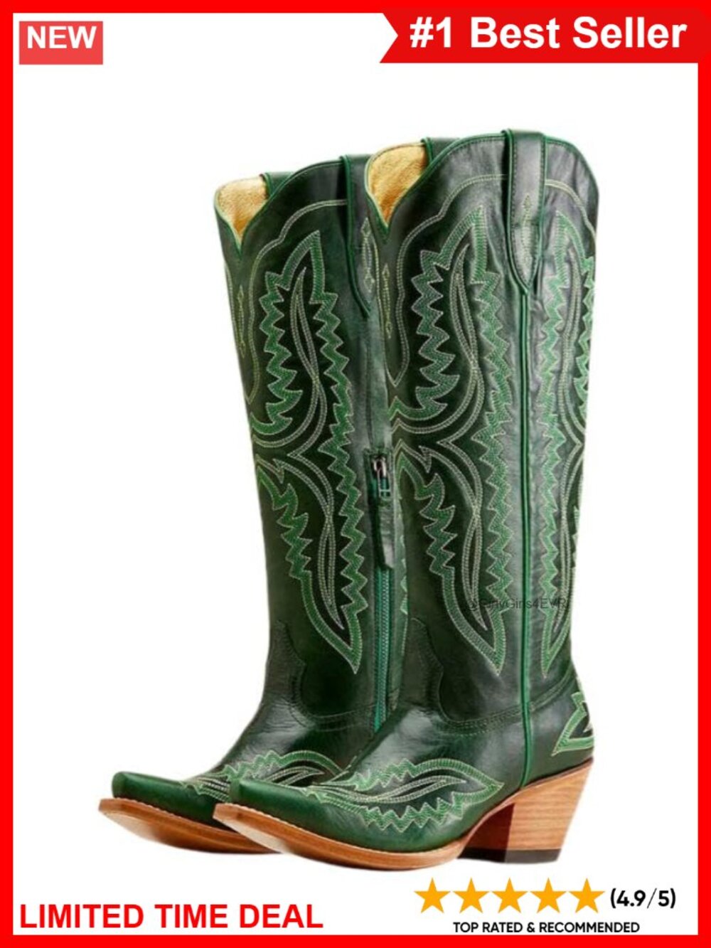 Knee High Cowgirl Boots Embroidered Snip Toe Chunky Heel Wide Calf